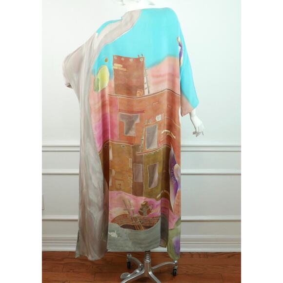 Vintage Hand Painted Silk Duster Robe Topper Art to Wear Southwestern Pastel 90s